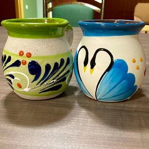 Handmade Mexican coffee mugs , blue and green .